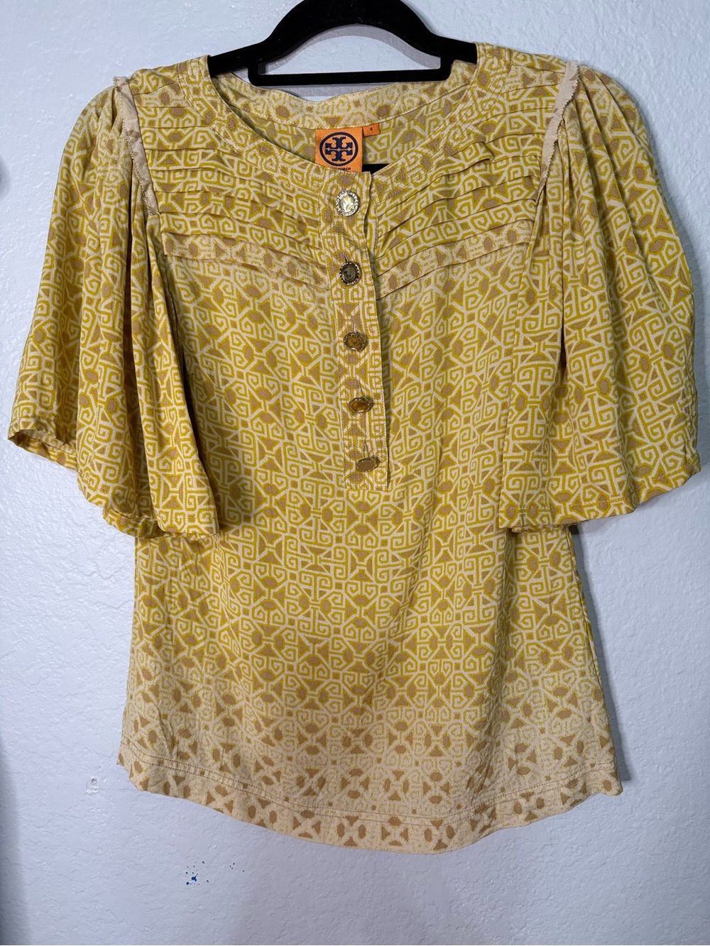 Tory Burch Golden Yellow Printed Flutter-Sleeve Blouse